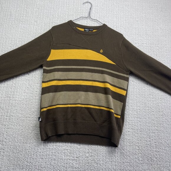 Y2K Volcom Mens M Brown / Yellow Long Sleeve Stripe Thermal Shirt Sweater Knit - Picture 6 of 14